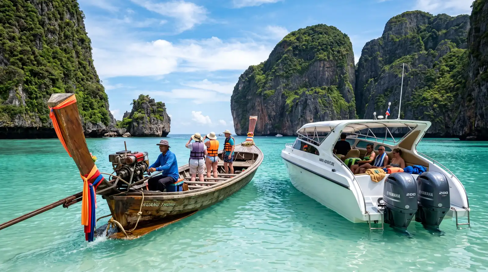 Longtail vs speedboat Maya Bay tour comparison — wooden longtail and modern speedboat off Phi Phi
