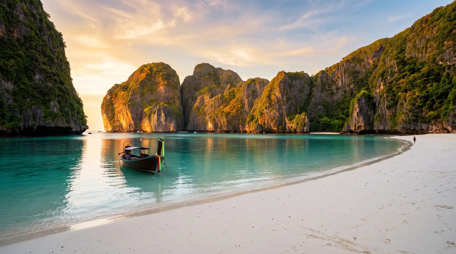 Maya Bay tour at sunrise — golden light on an empty beach below the Phi Phi Leh cliffs
