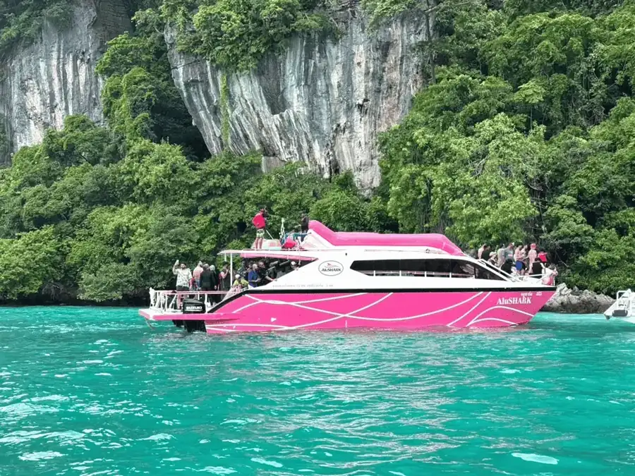 Phi Phi, Maya Bay & Khai Islands Full-Day Catamaran Tour — longtail boat and island scenery near Ko Phi Phi Leh (photo 3)